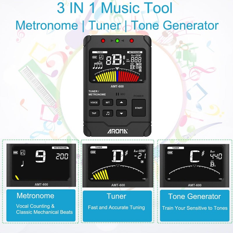 Moreup Digital Metronome Tuner Tone Generator, 3 in 1 Rechargeable Voice Counting Tap Musical Instruments Tool w/Clip-on Microphone - Image 2